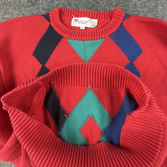 Vintage Parker Of Vienna Pullover Sweater Mens Sz L Red Geometric 100% Cotton - Picture 5 of 9